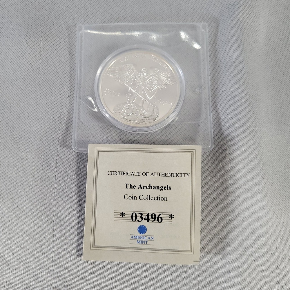 American Mint Archangel Michael Slayer of Dragons Silver Plated Proof Coin‎ COA